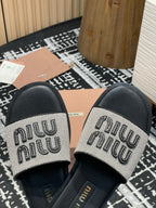 Miu 25S Beige and Black Canvas and leather slides 227133
