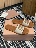 Miu 25S Beige and Brandy Canvas and leather slides 227134