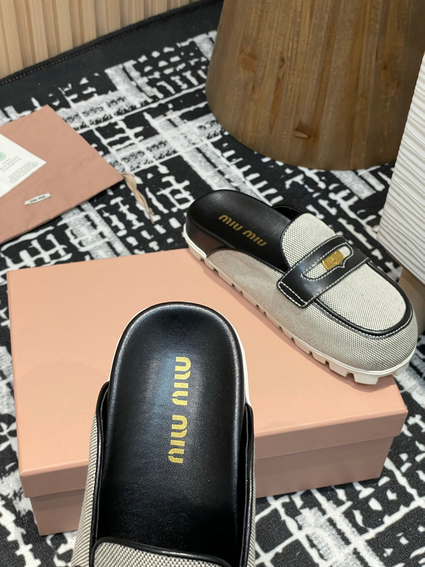 Miu 25S Beige and Black Canvas and leather Mules 227137