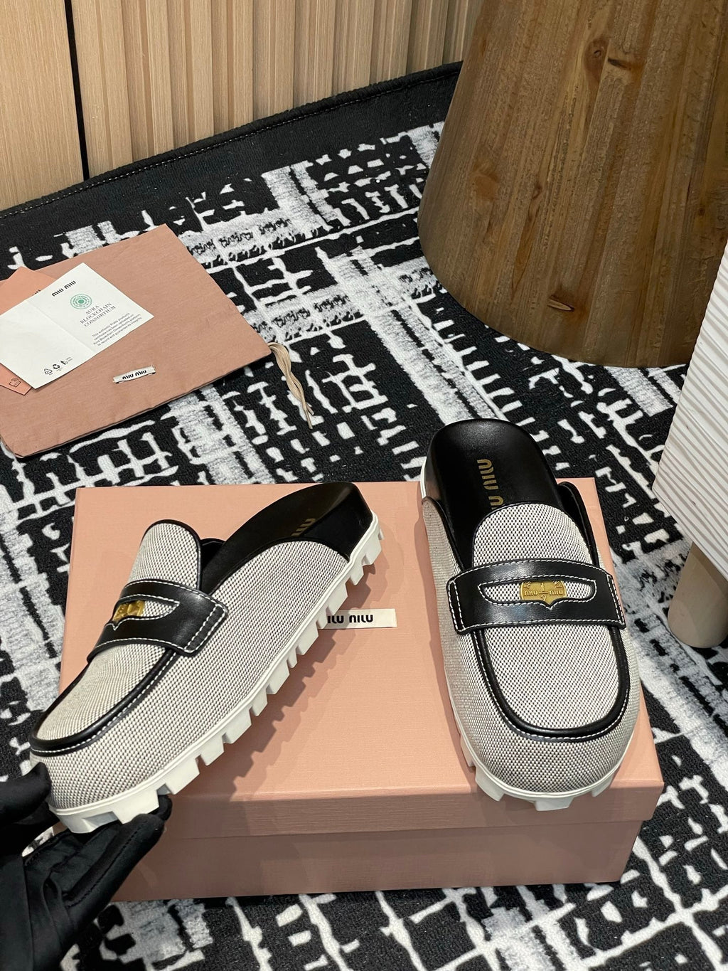 Miu 25S Beige and Black Canvas and leather Mules 227137