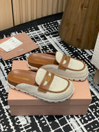 Miu 25S Beige and Brandy Canvas and leather Mules 227138
