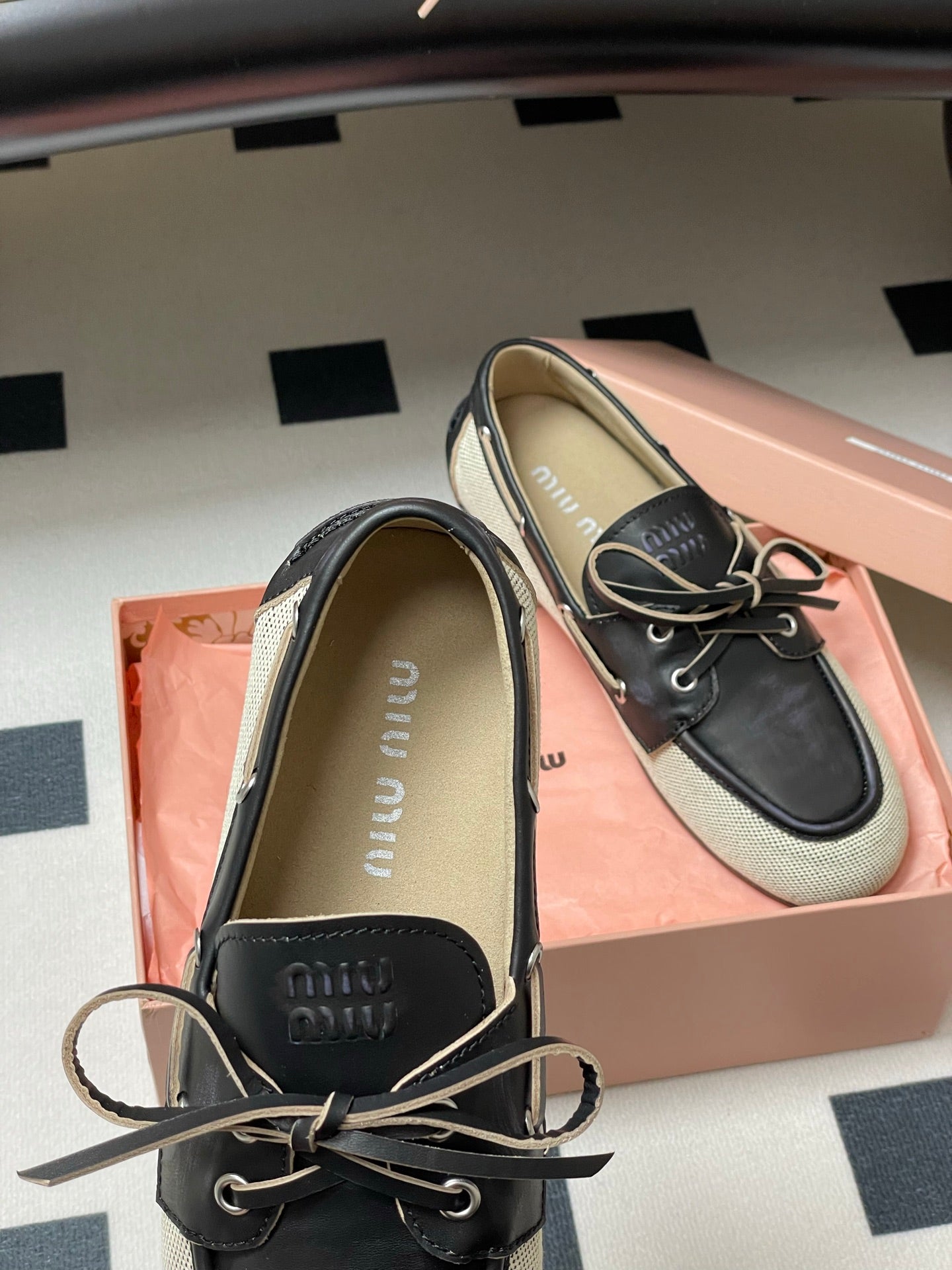 Miumiu Beige and Black canvas leather loafer 227140