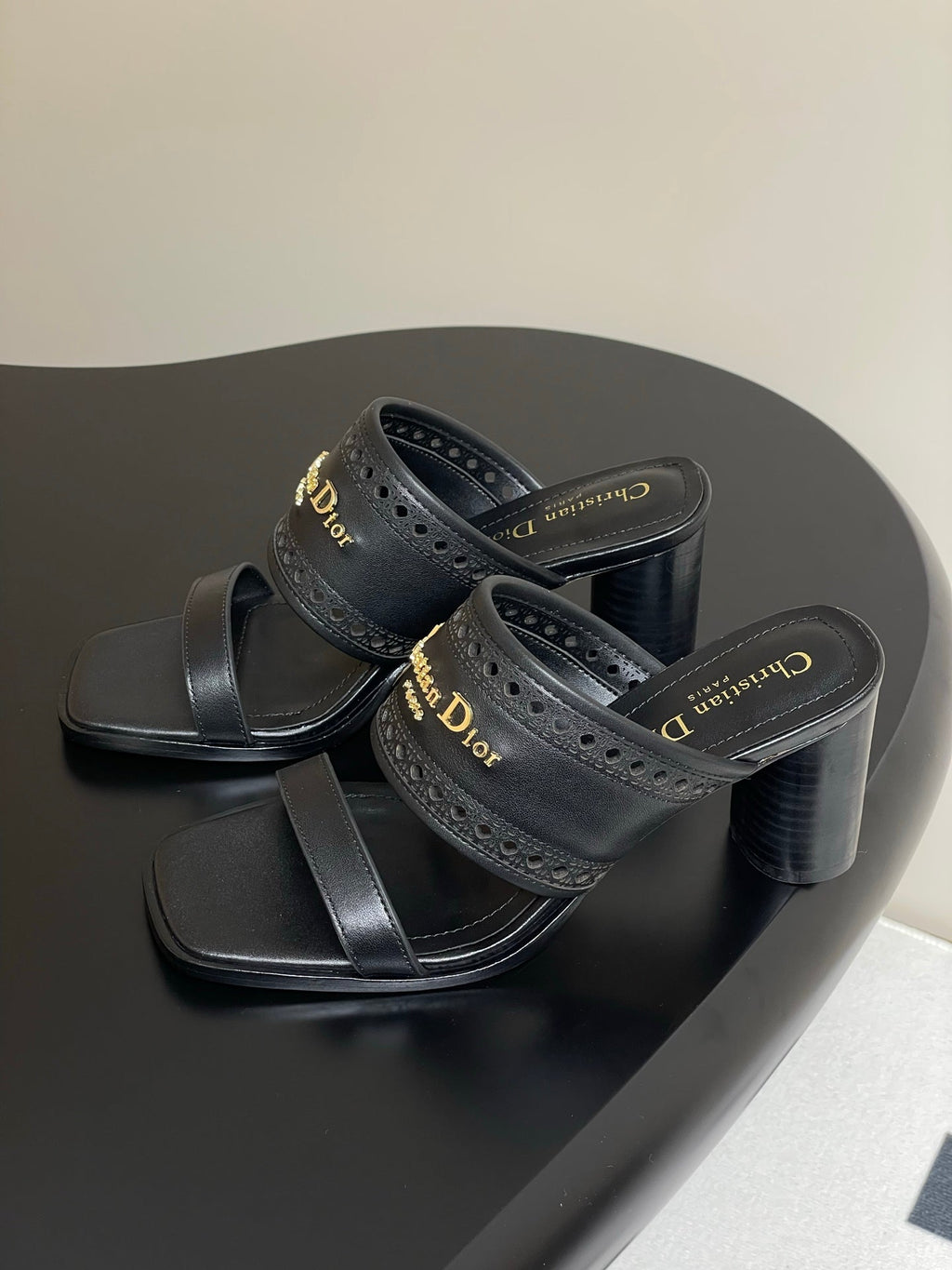 CD 25 D-Lane Heeled Slide Double Strap Calfskin