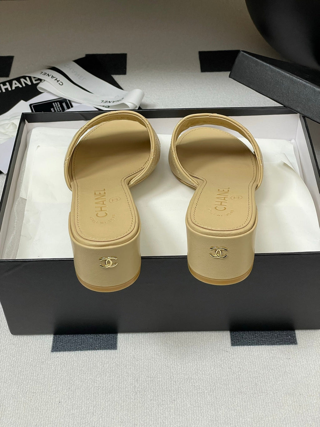25S Embroidery Double C Mule 50mm Beige Lambskin 247576