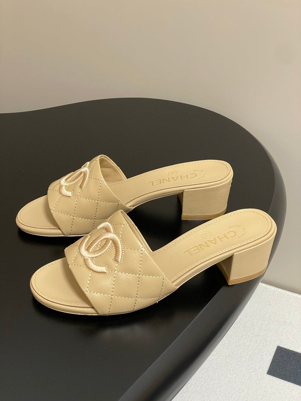 25S Embroidery Double C Mule 50mm Beige Lambskin 247576