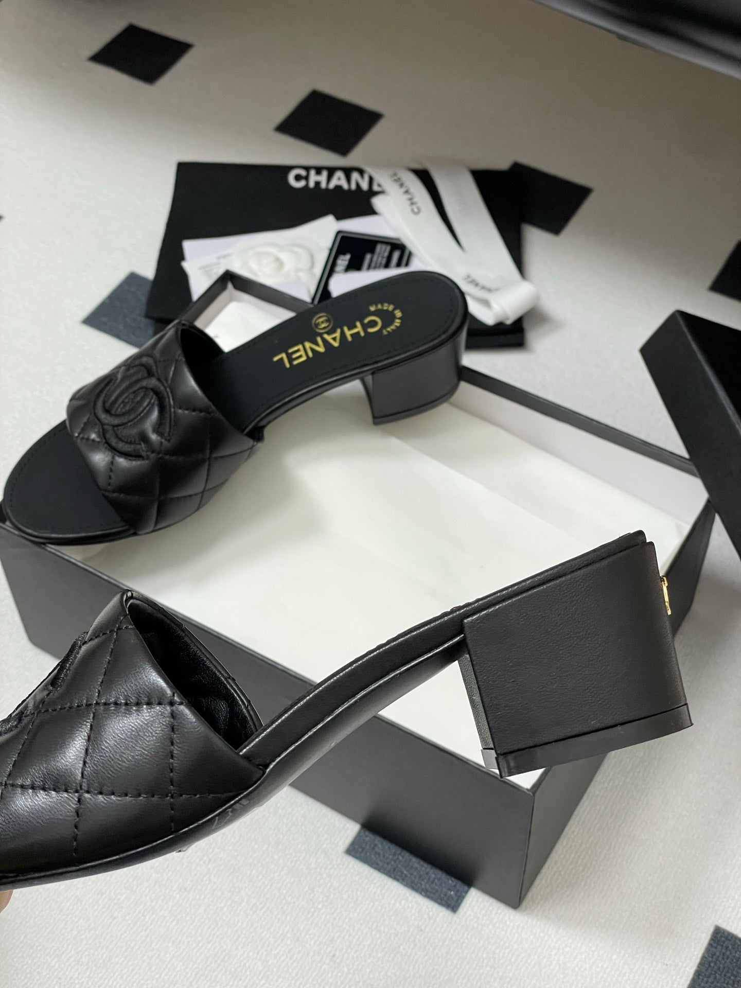 25S Embroidery Double C Mule 50mm Black Lambskin 247577
