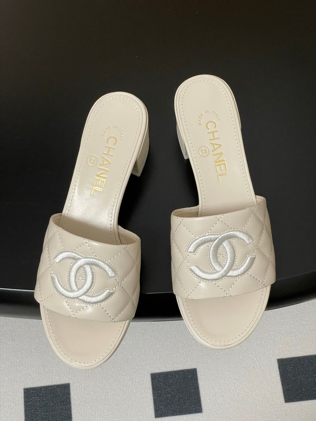 25S Embroidery Double C Mule 50mm White Lambskin 247578