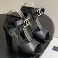 CC 25S Double C Rhinestone Buckle Bow High Heel Sandal 85 Black Sheepskin 247568