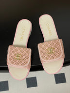 CC 25S Buckle Bag Mule Pink Lace Fabric White Sheepskin 247592