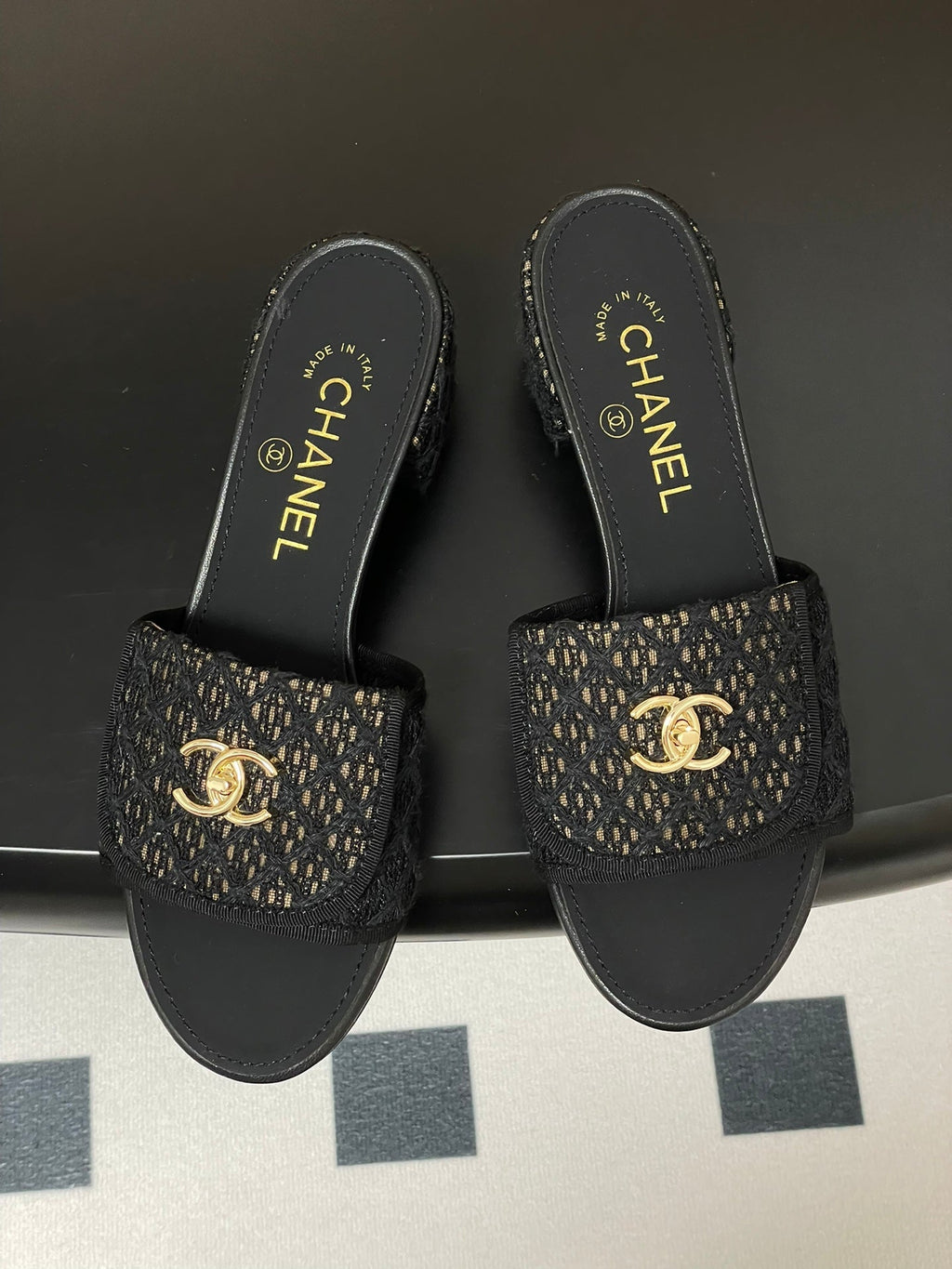 CC 25S Buckle Bag Mule Sandal 50mm Black Lace Fabric and Sheepskin 247593