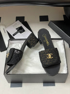 CC 25S Buckle Bag Mule Sandal 50mm Black Lace Fabric and Sheepskin 247593