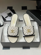 CC 25S Buckle Bag Mule Sandal 50mm White Mix Black Lace Fabric and Sheepskin 247594
