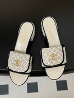 CC 25S Buckle Bag Mule Sandal 50mm White Mix Black Lace Fabric and Sheepskin 247594
