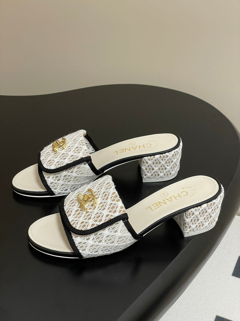 CC 25S Buckle Bag Mule Sandal 50mm White Mix Black Lace Fabric and Sheepskin 247594