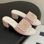 CC 25S Buckle Bag Mule Sandal 50mm Pink Lace Fabric and White Sheepskin 247596