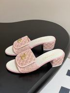 CC 25S Buckle Bag Mule Sandal 50mm Pink Lace Fabric and White Sheepskin 247596