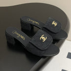CC 25S Buckle Bag Mule Sandal 50mm Black Fabric and Sheepskin 247600
