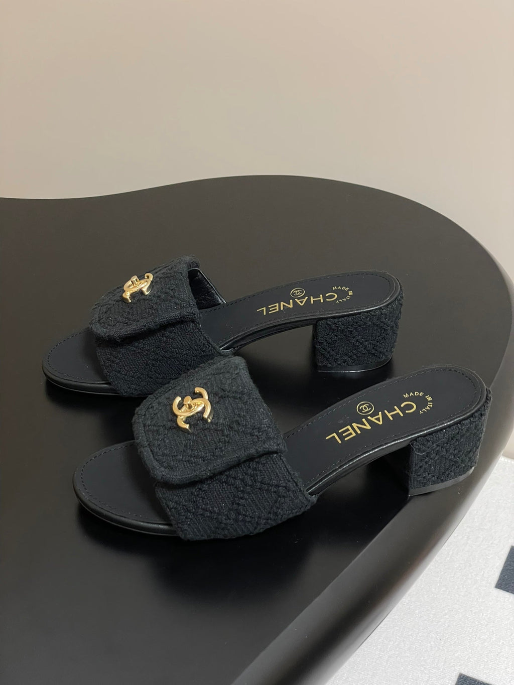 CC 25S Buckle Bag Mule Sandal 50mm Black Fabric and Sheepskin 247600