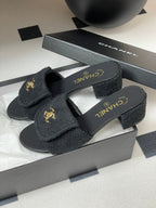 CC 25S Buckle Bag Mule Sandal 50mm Black Fabric and Sheepskin 247600