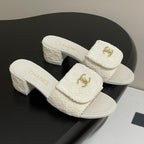 CC 25S Buckle Bag Mule Sandal 50mm White Fabric and Sheepskin 247601