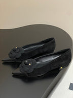 CC 25C Classic Camellia Pointed High Heels Flat 15mm Black Suede 247610