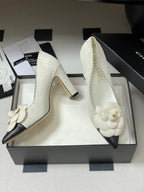 CC 25C Classic Camellia Pointed High Heels Pump 85mm White Suede 247616