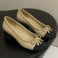 CC 25S 60mm Chain Bow Single Pumps Beige Sheepskin Black Grosgrain 247662