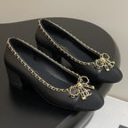 CC 25S 60mm Chain Bow Single Pumps Black Sheepskin Grosgrain 247664