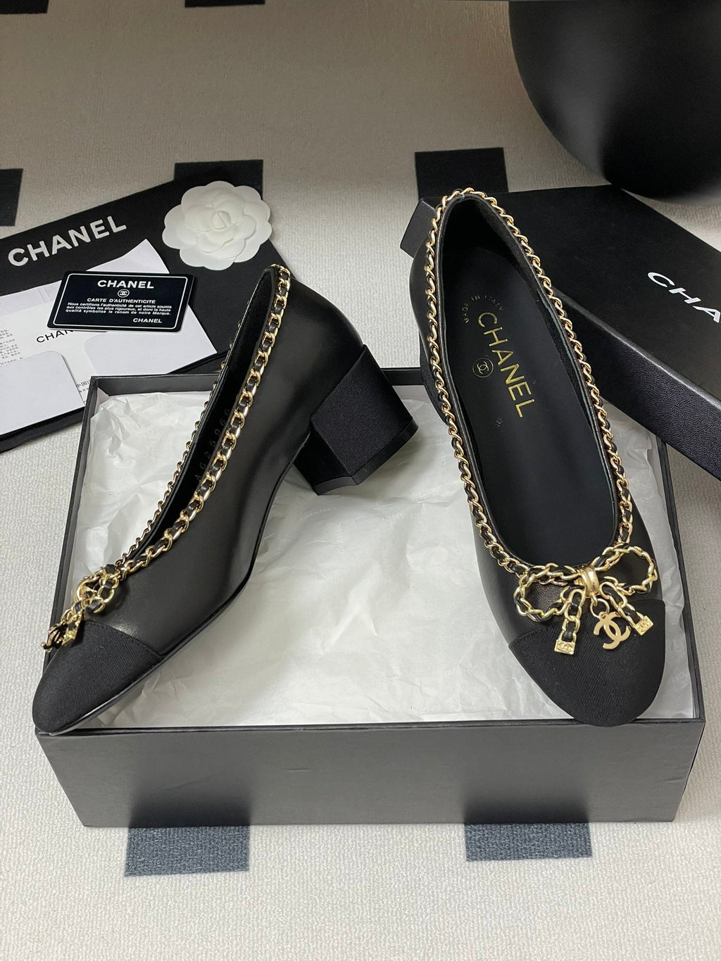 CC 25S 60mm Chain Bow Single Pumps Black Sheepskin Grosgrain 247664