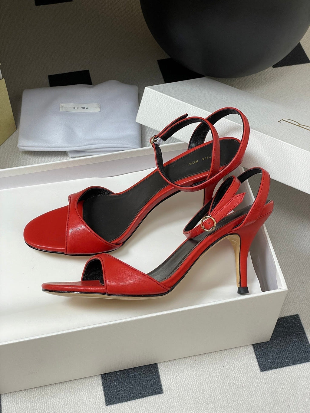 The Row 25S Strap High Heel Sandals 85mm Red Sheepskin 286190