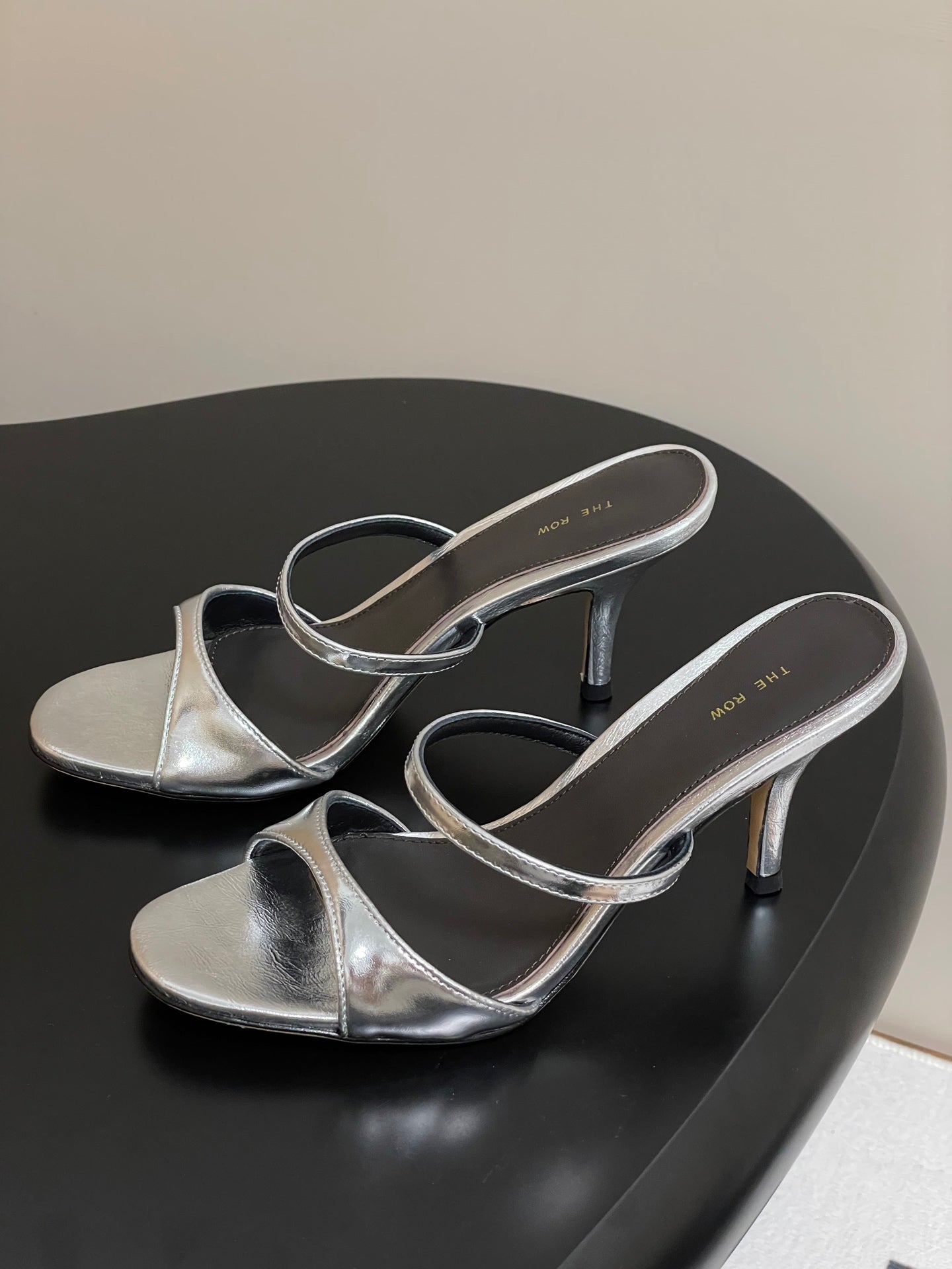 The Row 25S Strap High Heel Mule Sandals 85mm Black Mix Silver Metallic Cowhide 286209