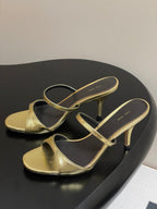 The Row 25S Strap High Heel Mule Sandals 85mm Black Mix Gold Metallic Cowhide 286210