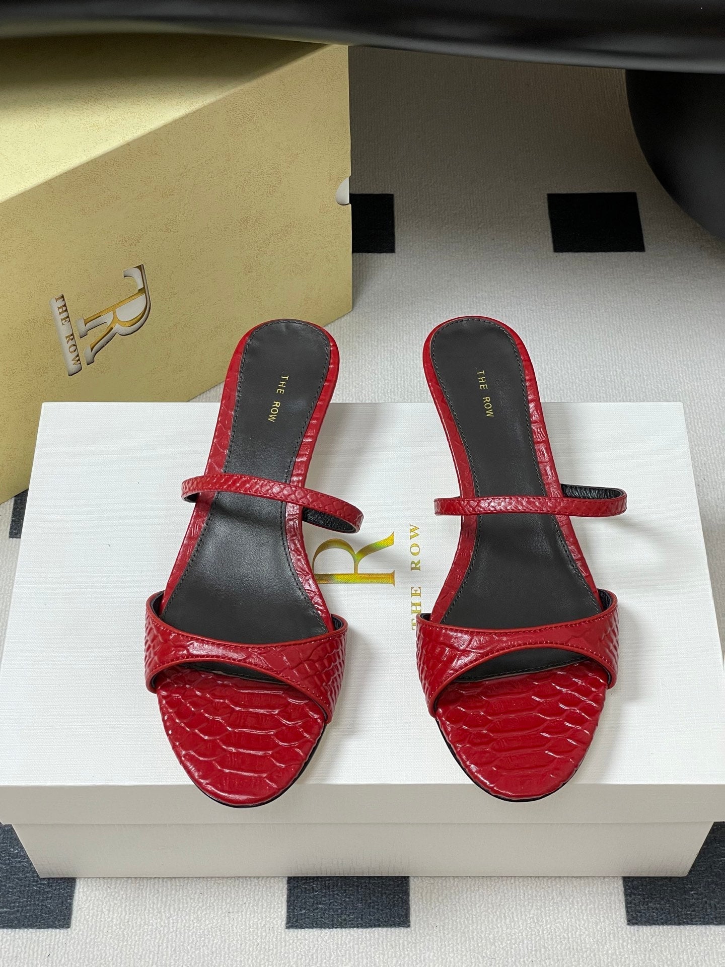 The Row 25S Strap High Heel Mule Sandals 35mm Red Snake Pattern Cowhide 286211