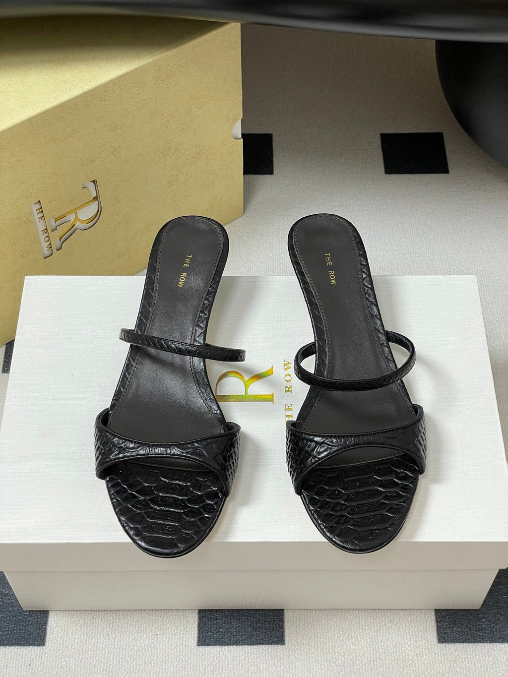 The Row 25S Strap High Heel Mule Sandals 35mm Black Snake Pattern Cowhide 286213