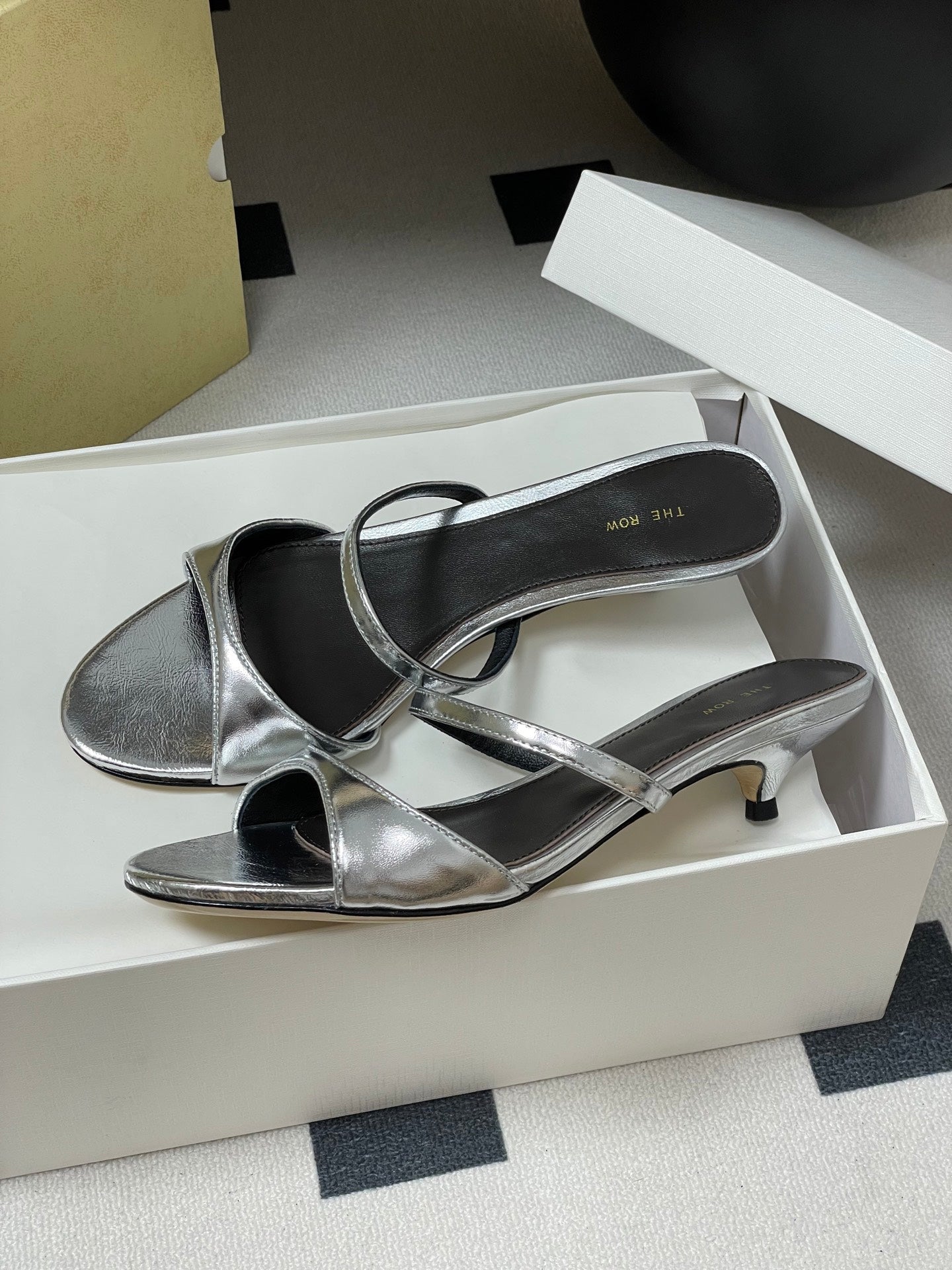 The Row 25S Strap High Heel Mule Sandals 35mm Black Mix Silver Metallic Cowhide 286217