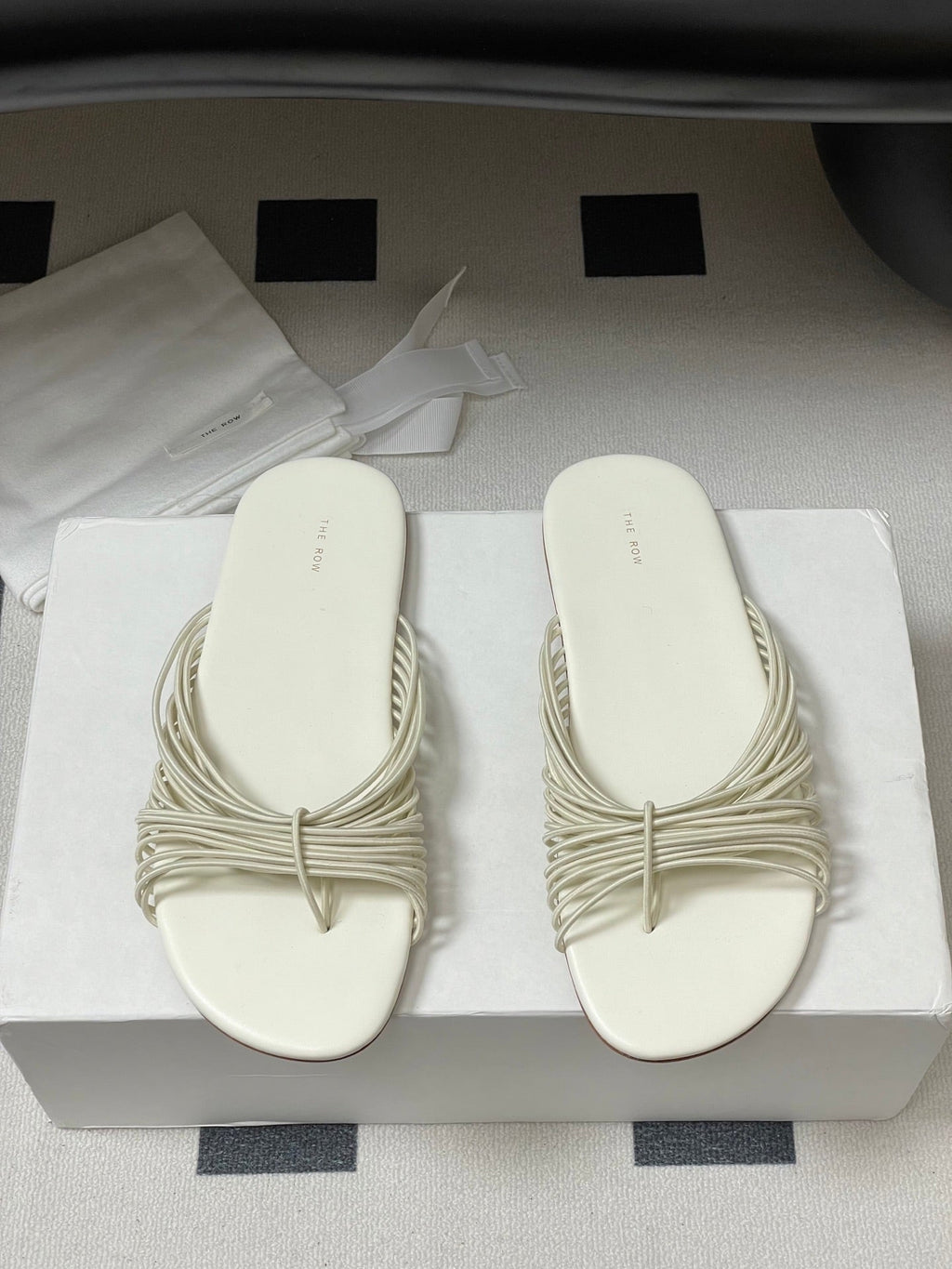 The Row Sara Slide Sandal In Ivory Elastic And Leather 345204