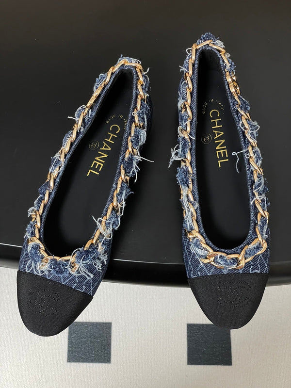 Chanel 25A Ballet Flats Big Chain Double C Dark Blue Denim Sheepskin 393816