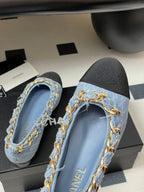 Chanel 25A Ballet Flats Big Chain Double C Blue Denim Sheepskin 393817