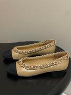 Chanel 25A Ballet Flats Big Chain Double C Beige Black Sheepskin 393818