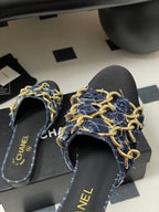 CC 25B Chain Closed Toe Flat Mule Navy Blue Denim 393886