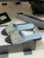 CC 25B Chain Closed Toe Flat Mule Light Blue Denim 393887