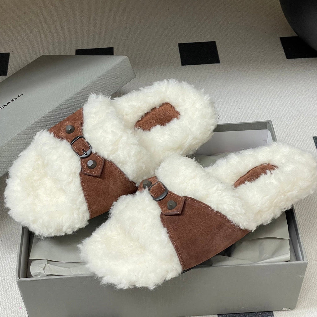Balenciaga Classic Buckle Slippers White Red Brown Wool 535028