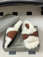 Balenciaga Classic Buckle Slippers White Red Brown Wool 535028