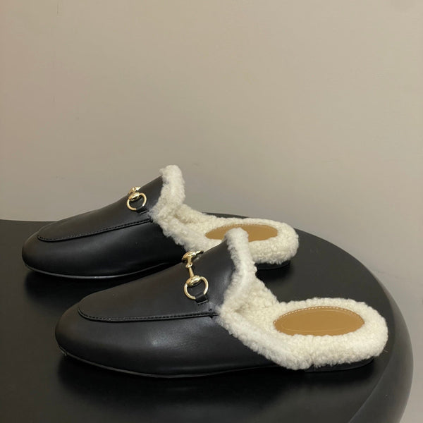 GG horsebit flat mules black cowhide 534713