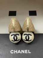 CC 26 Beaded Sequin Pump With Double C Pearl Heel Gold Mesh Leather 593159