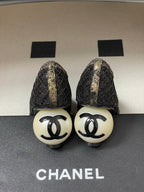 CC 26 Beaded Sequin Pump With Double C Pearl Heel Black Mesh Leather