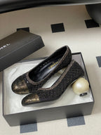 CC 26 Beaded Sequin Pump With Double C Pearl Heel Black Mesh Leather