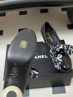 CC 26 Double C Pearl Heel Pump With Silk Ribbon Black Sheepskin 593158