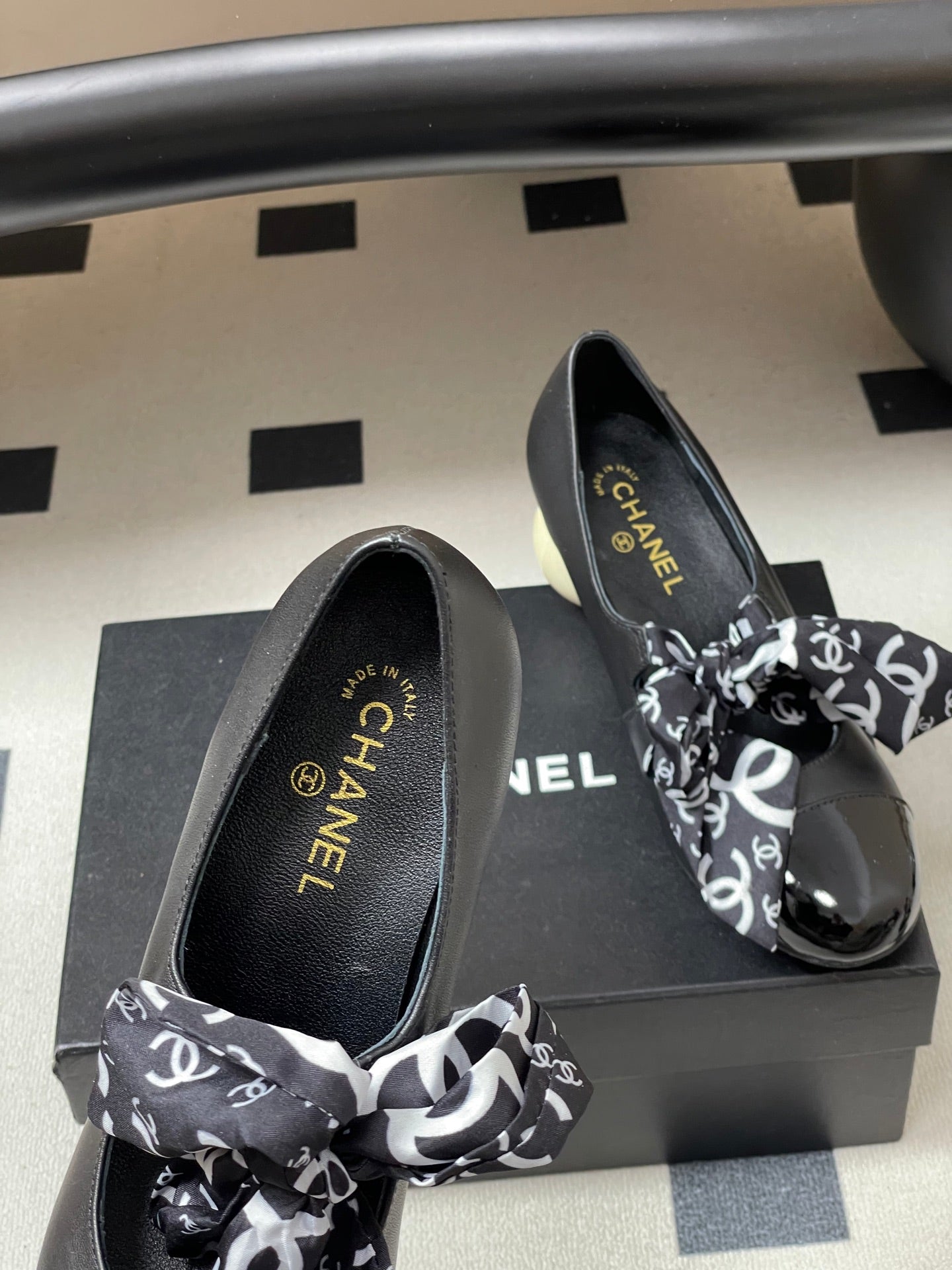 CC 26 Double C Pearl Heel Pump With Silk Ribbon Black Sheepskin 593158