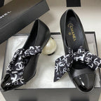 CC 26 Double C Pearl Heel Pump With Silk Ribbon Black Sheepskin 593158